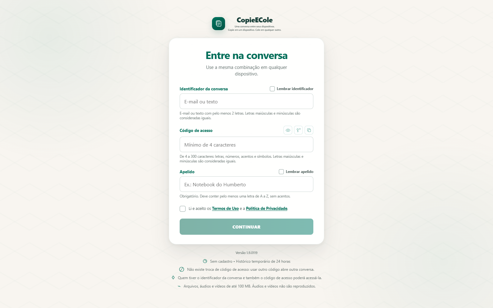 Tela atual de entrada do CopieECole com retenção temporária de 24 horas