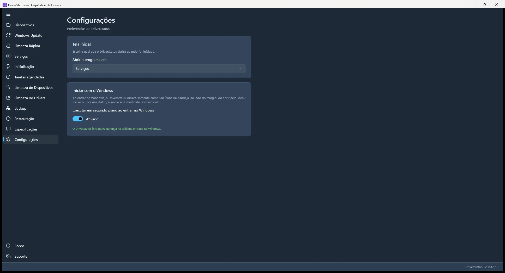 Tela real da página Configurações do DriverStatus