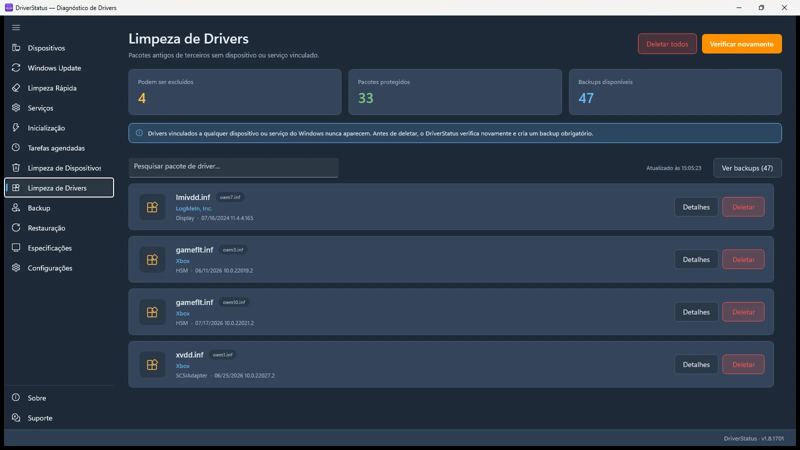 Tela real da página Limpeza de Drivers do DriverStatus
