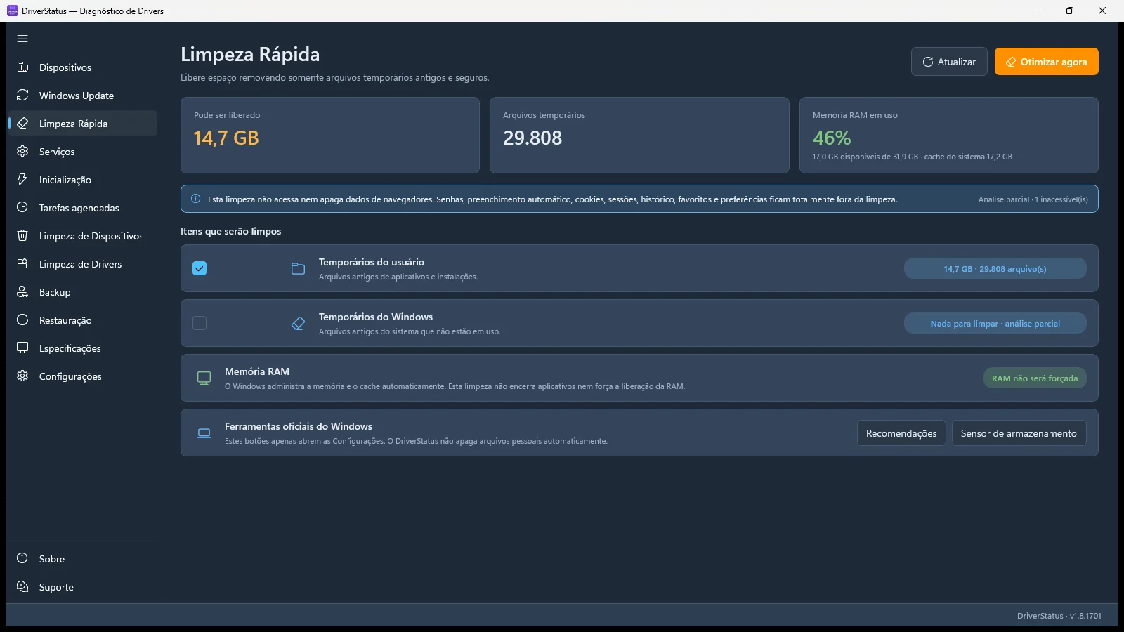 Tela real da página Limpeza Rápida do DriverStatus