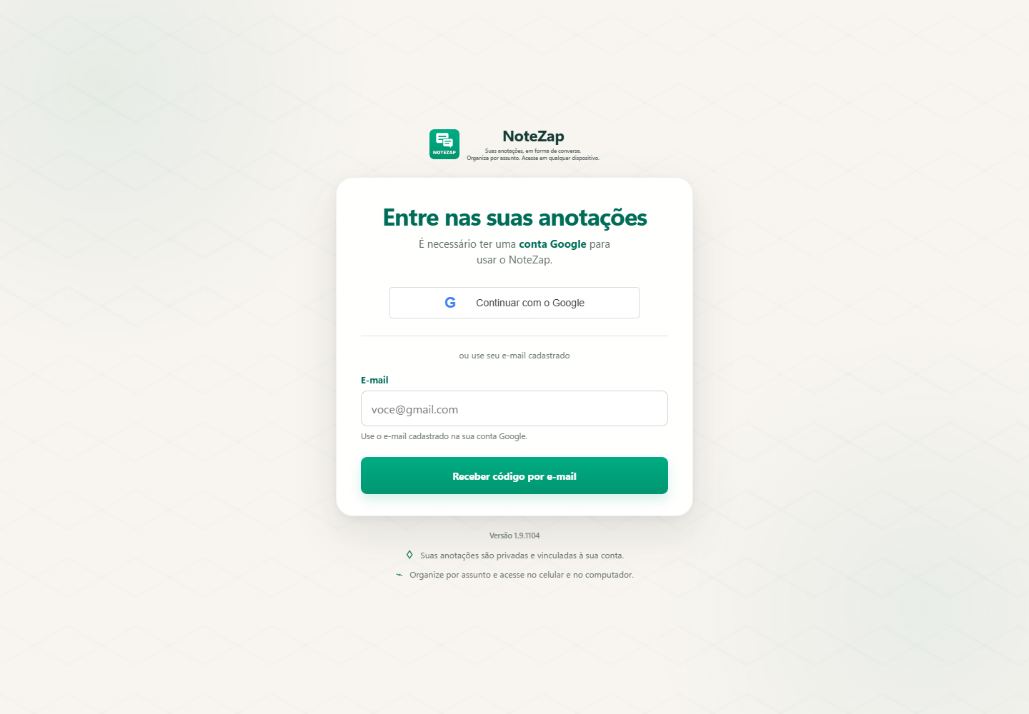 Prévia ilustrativa da entrada do NoteZap com conta Google e acesso por e-mail cadastrado