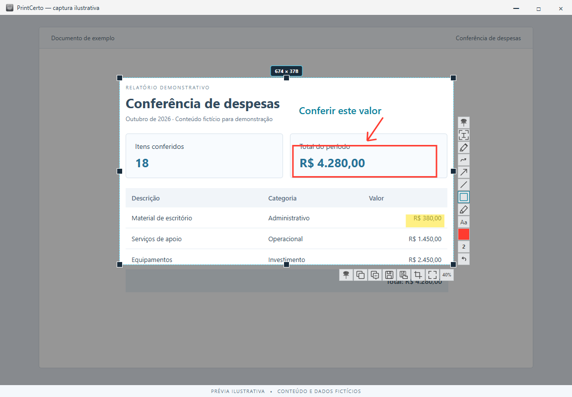 Área selecionada no PrintCerto, com ferramentas na lateral direita e ações alinhadas à direita na parte inferior
