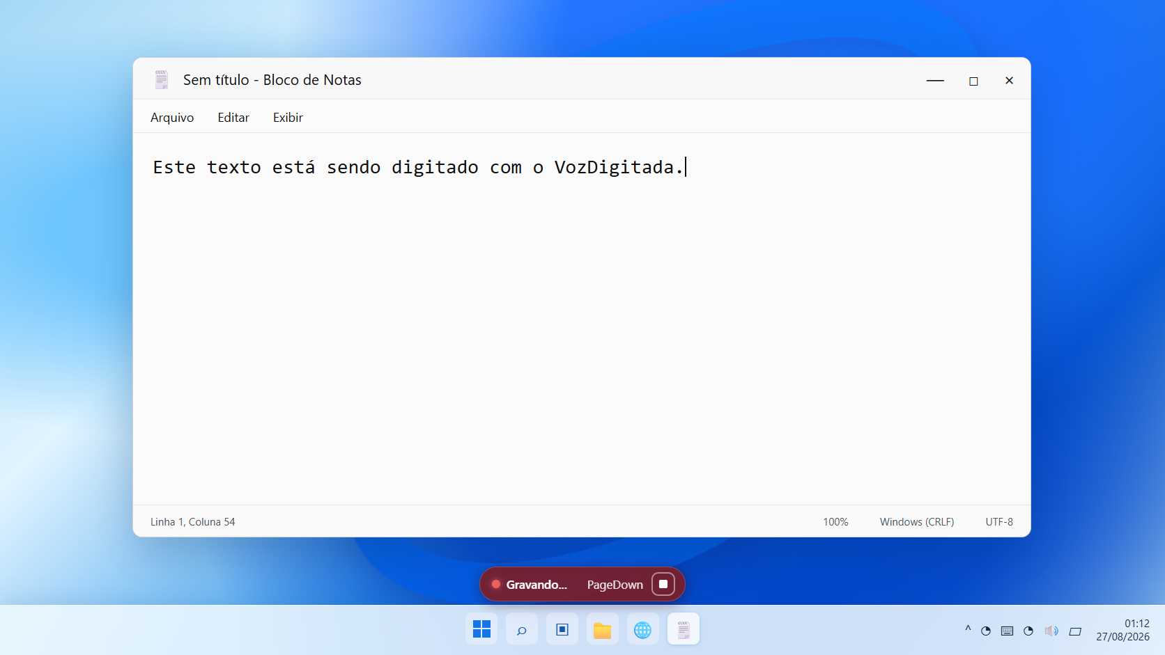 VozDigitada gravando no Bloco de Notas