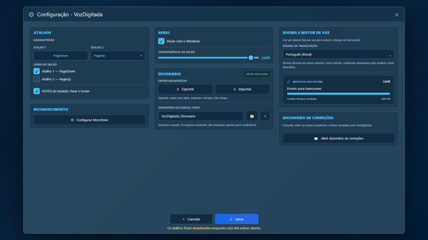 Configuração atual do VozDigitada
