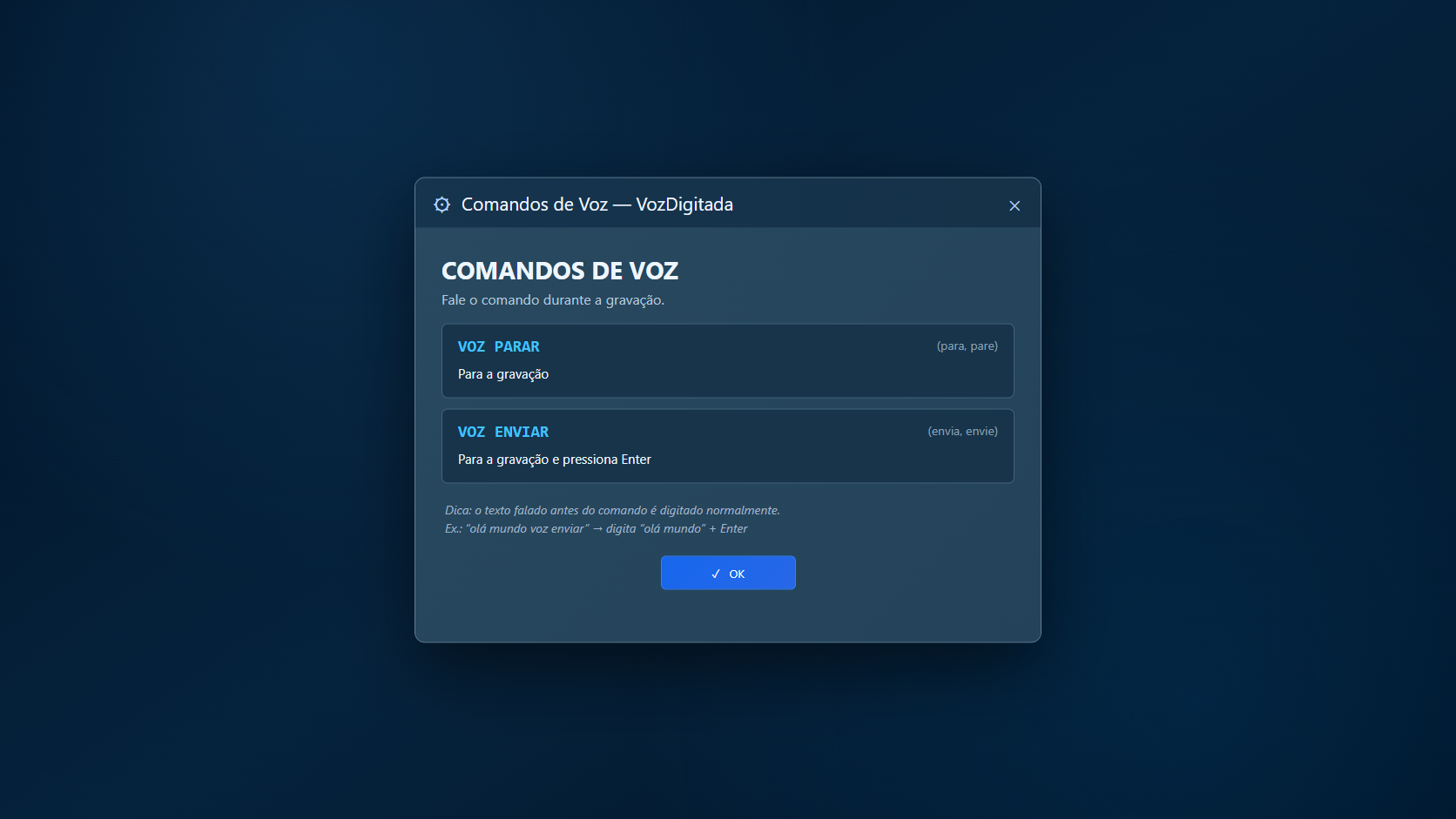 Comandos de voz atuais do VozDigitada