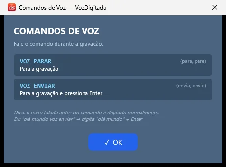 Tela real dos comandos de voz do VozDigitada