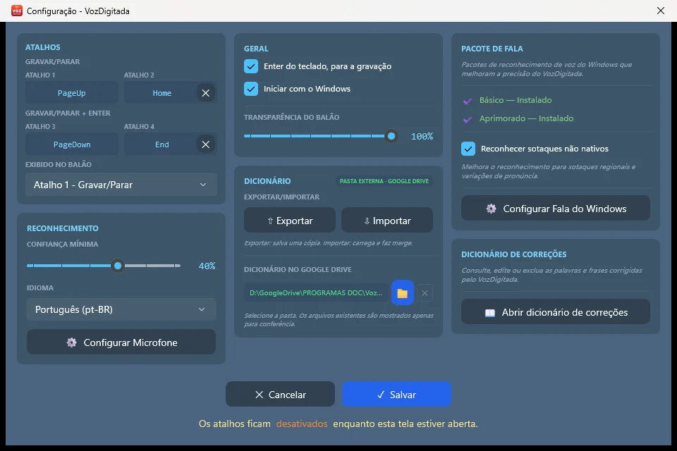 Tela real de configurações do VozDigitada