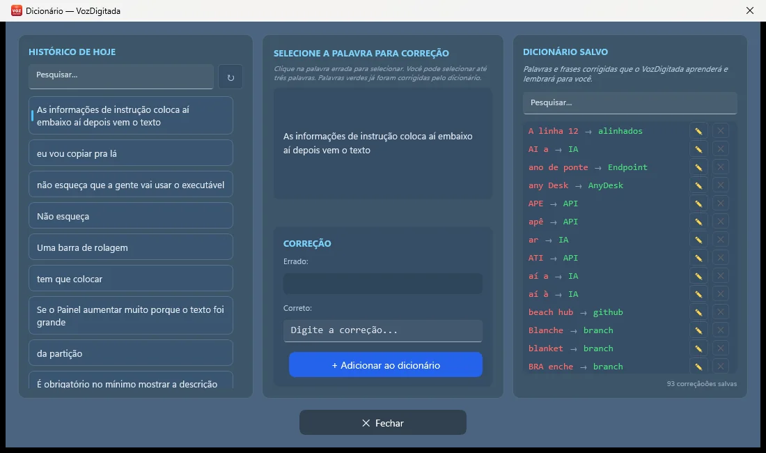 Tela real do dicionário de correções do VozDigitada