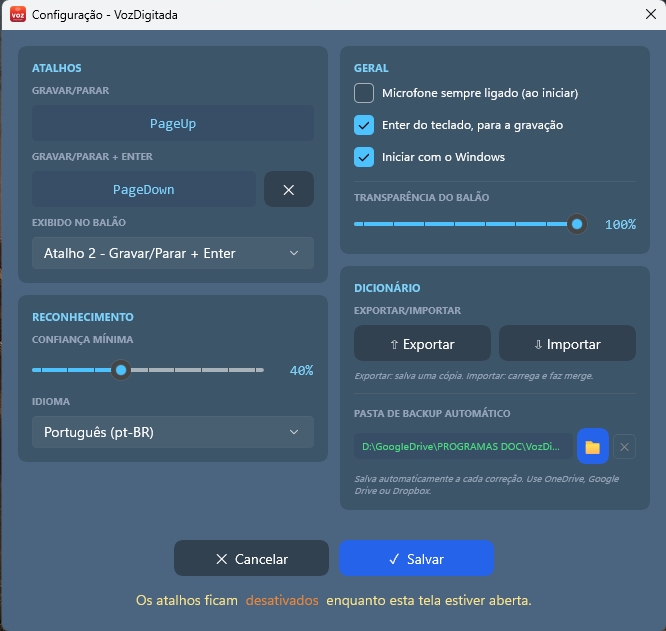 Tela de configuração